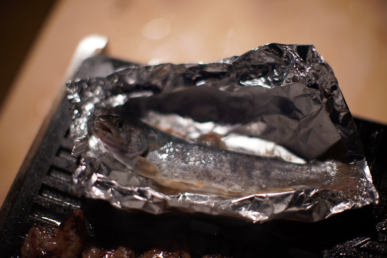 利賀国際キャンプ場で捕まえた岩魚を焼いて食べました。